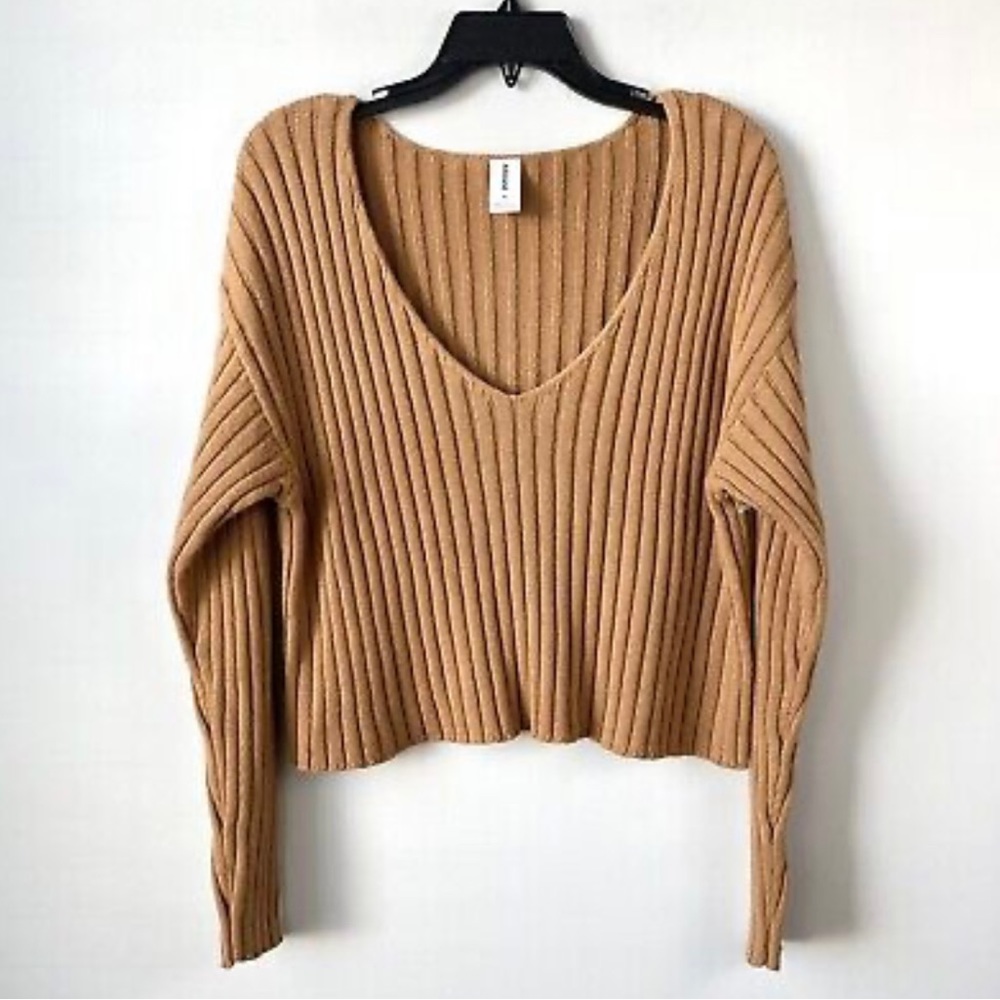 Abound Ribbed V-Neck Crop Sweater Tan Dale size 1X